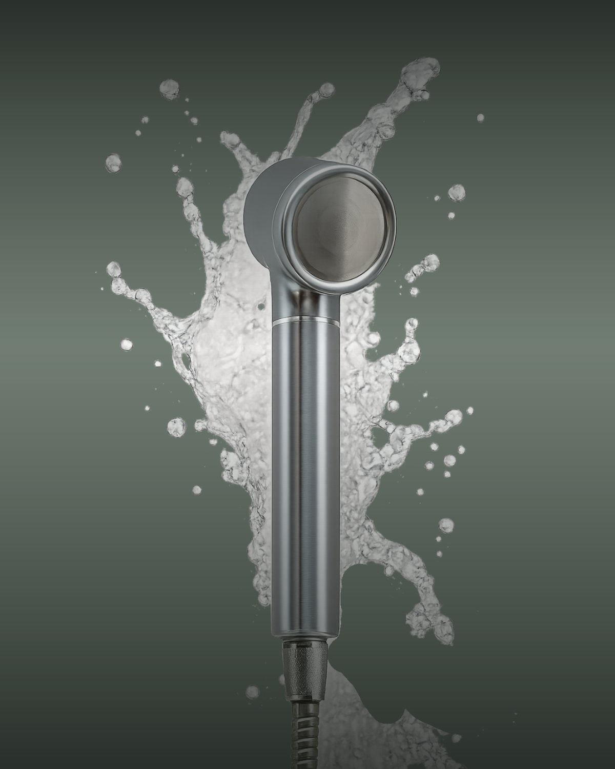 Halo Filtered Showerhead in Brushed Chrome with a burst of water on a sage ground